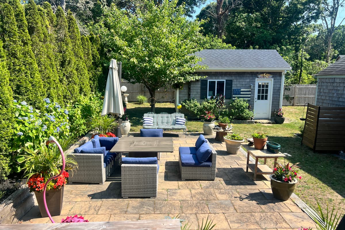 Outdoor patio lounge area with comfortable seating