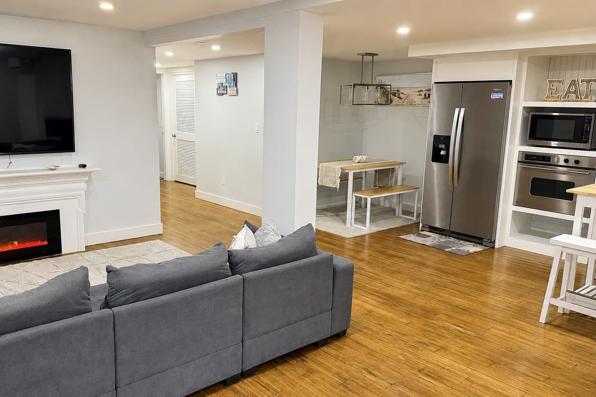 Basement living area with second kitchen and dining nook