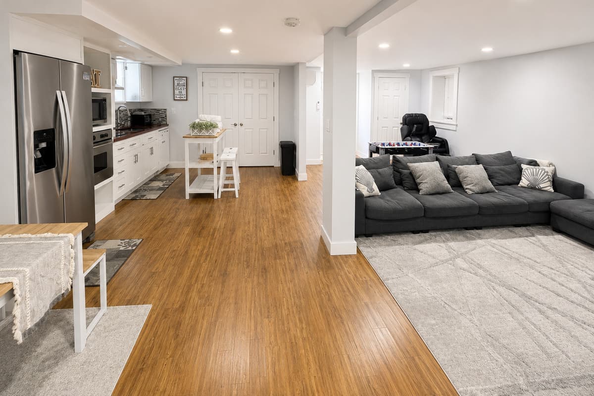 Basement lounge with full second kitchen and workspace