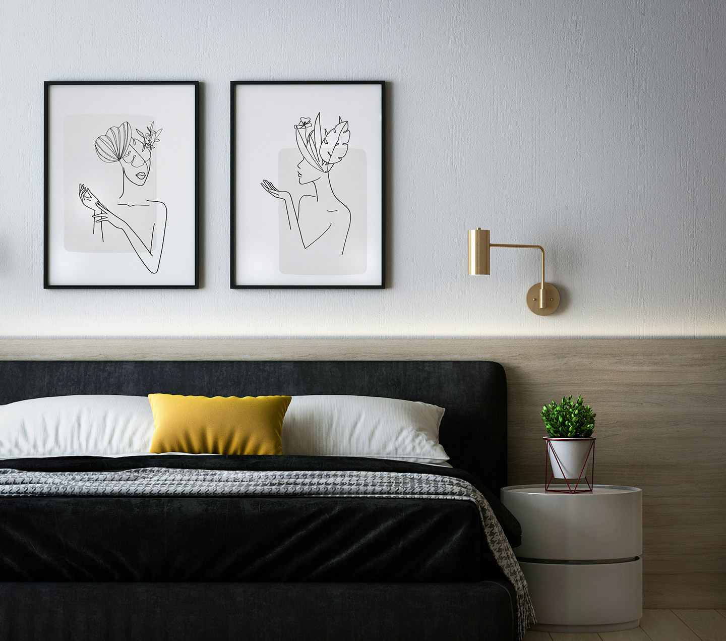 Bright island bedroom with framed line art and a brass reading sconce